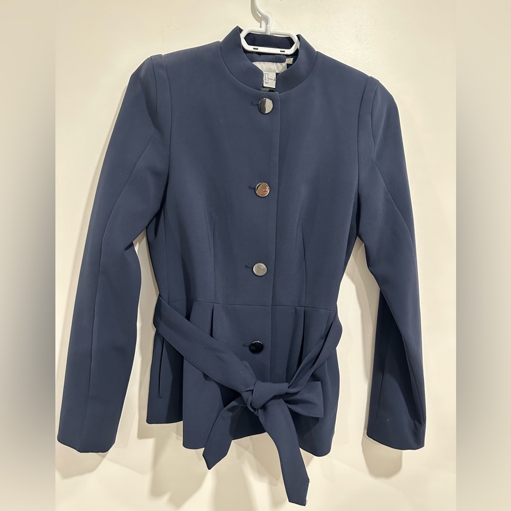 H&M Navy monk collar peplum blazer with belt tie